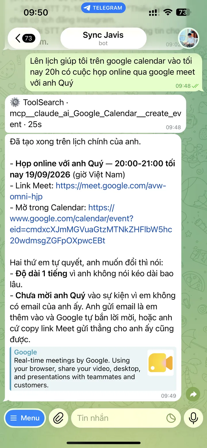 Ra lệnh cho Javis qua Telegram trên điện thoại